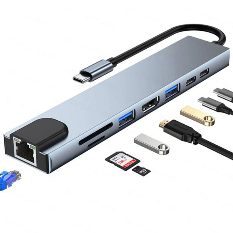 SHAZA%208in1%20USB%20Type-C%20Hub%20Port%20Adaptör%20HDMI%20USB%20Ethernet%20PD%20Girişli